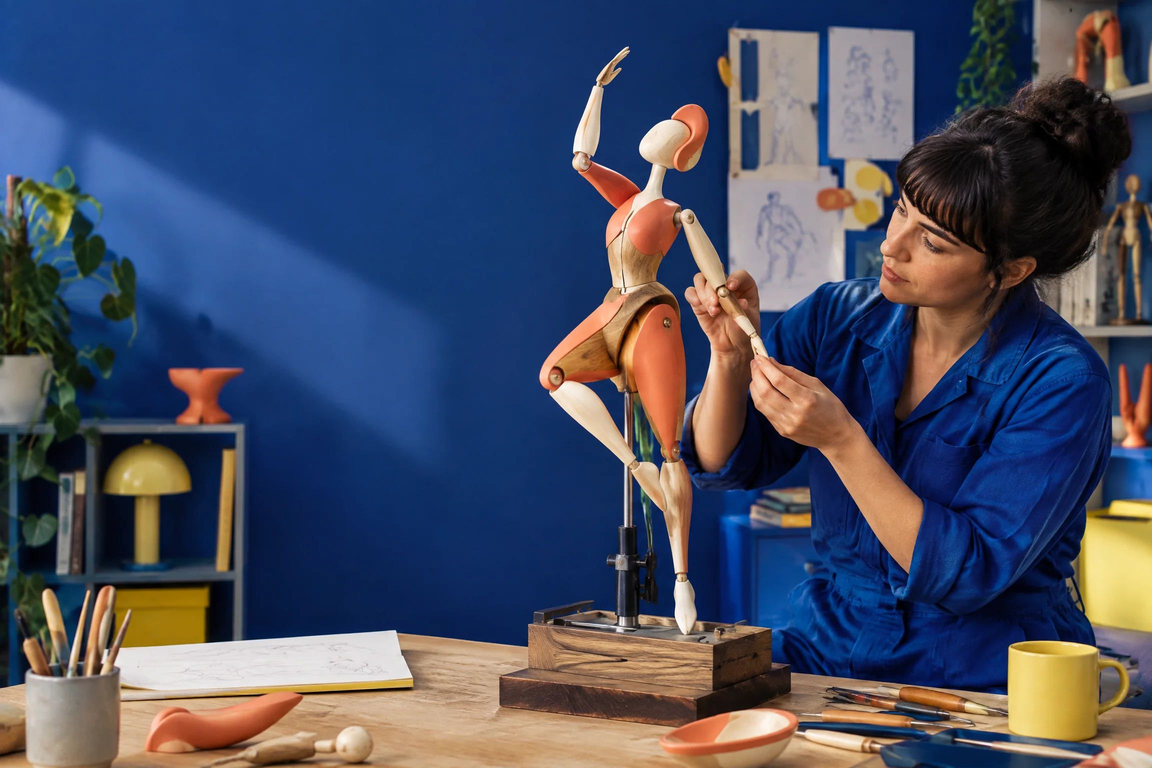 Animator adjusting an articulated puppet sculpture