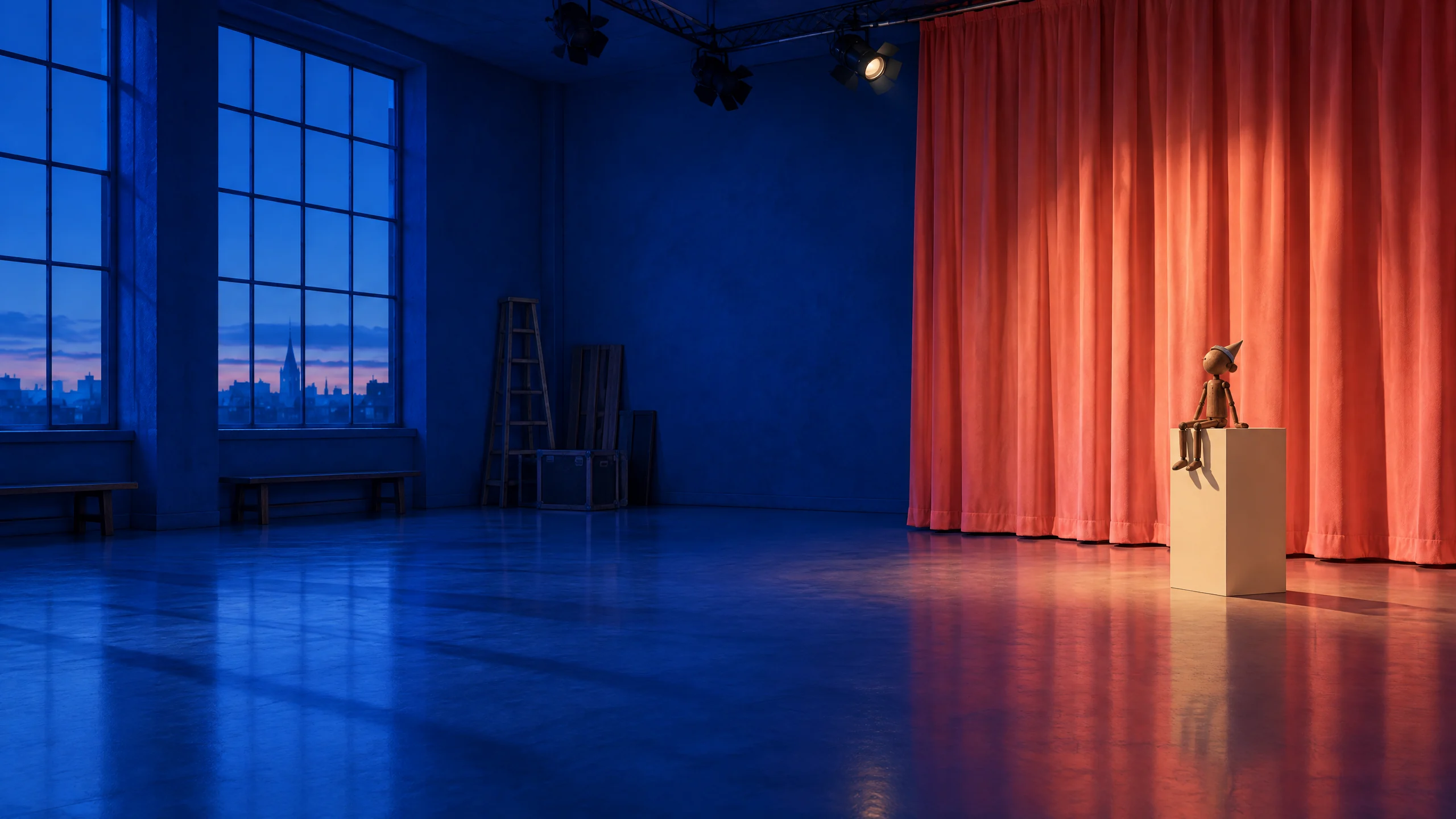 Empty cobalt rehearsal bay with coral curtain