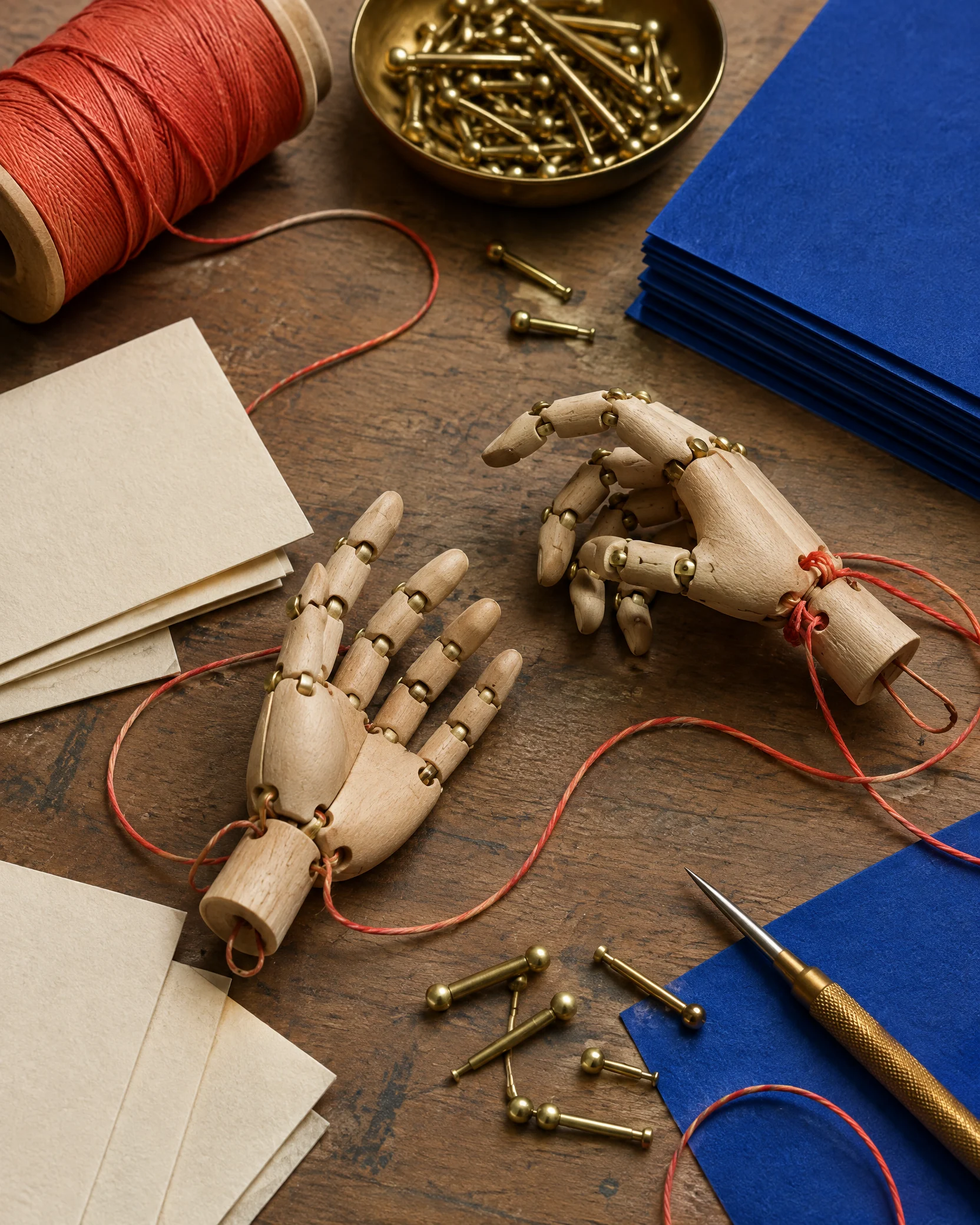 Articulated puppet hands and coral thread on studio table