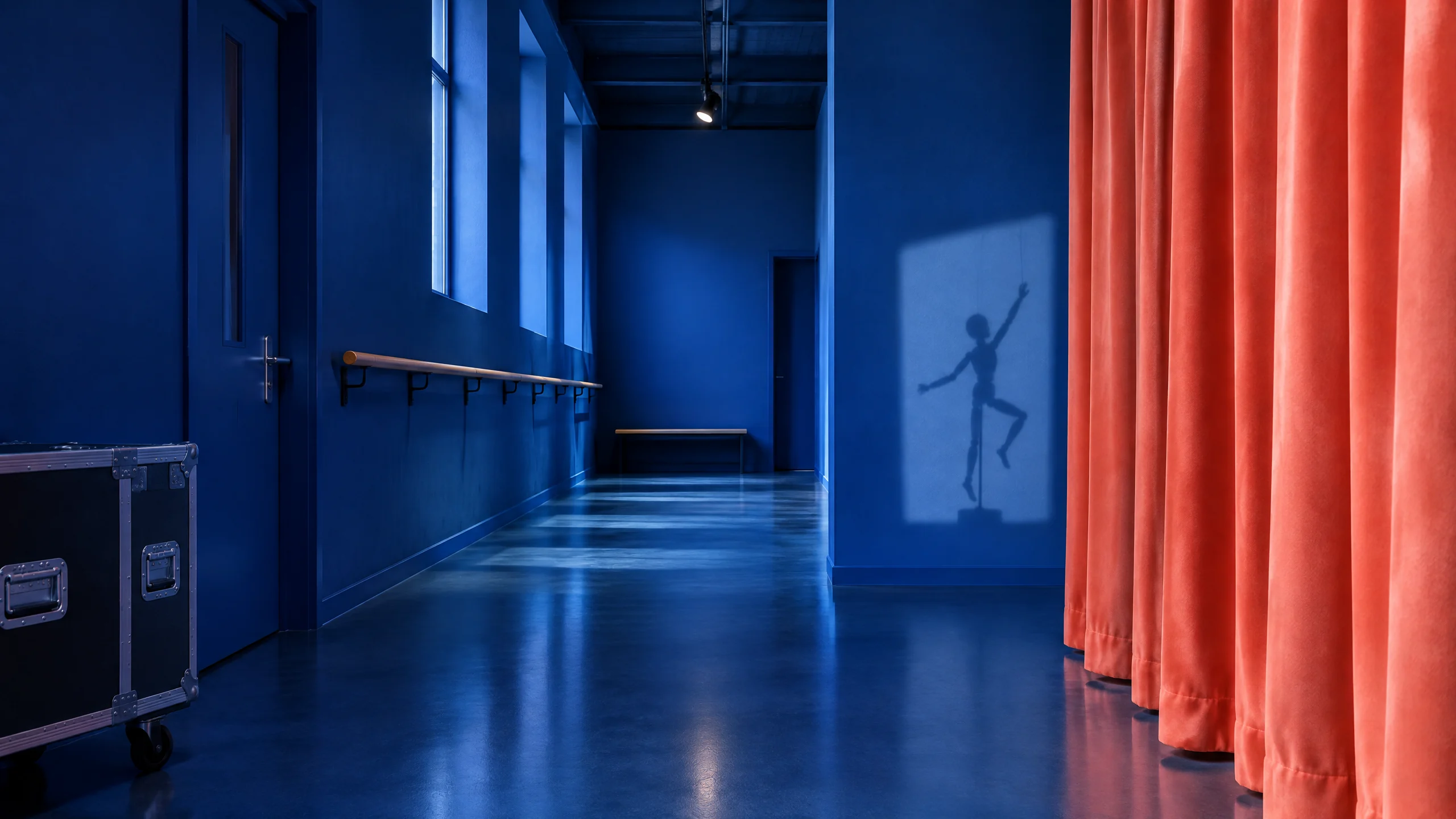 Cobalt rehearsal corridor with coral curtain