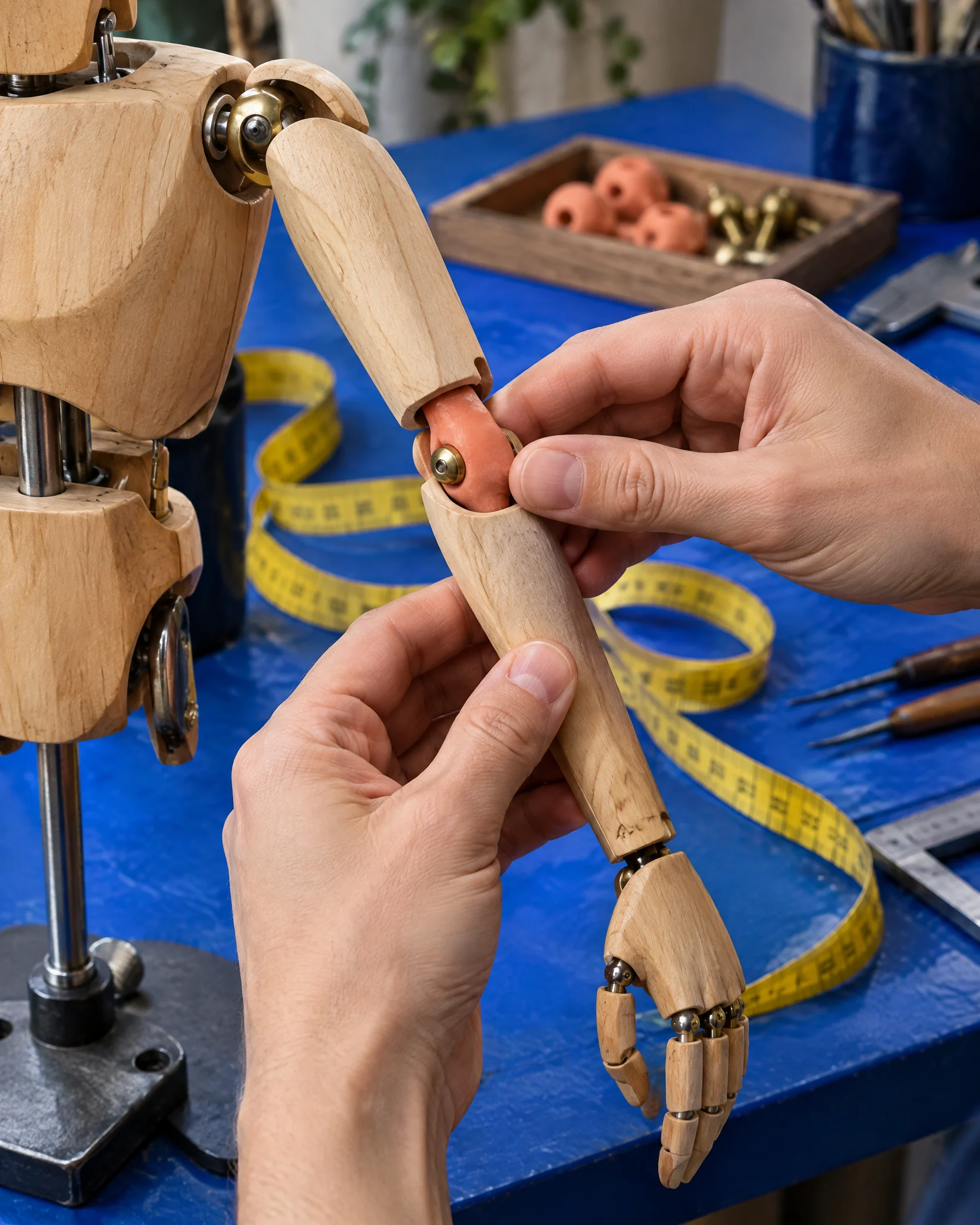 Hands adjusting puppet joint on cobalt bench