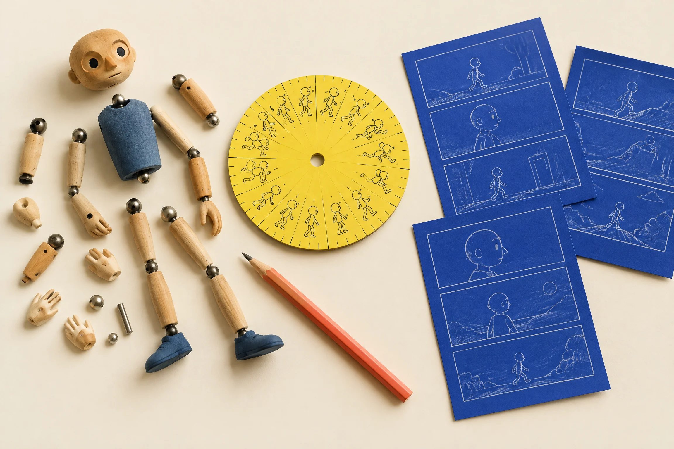 Puppet parts and timing objects on cream table