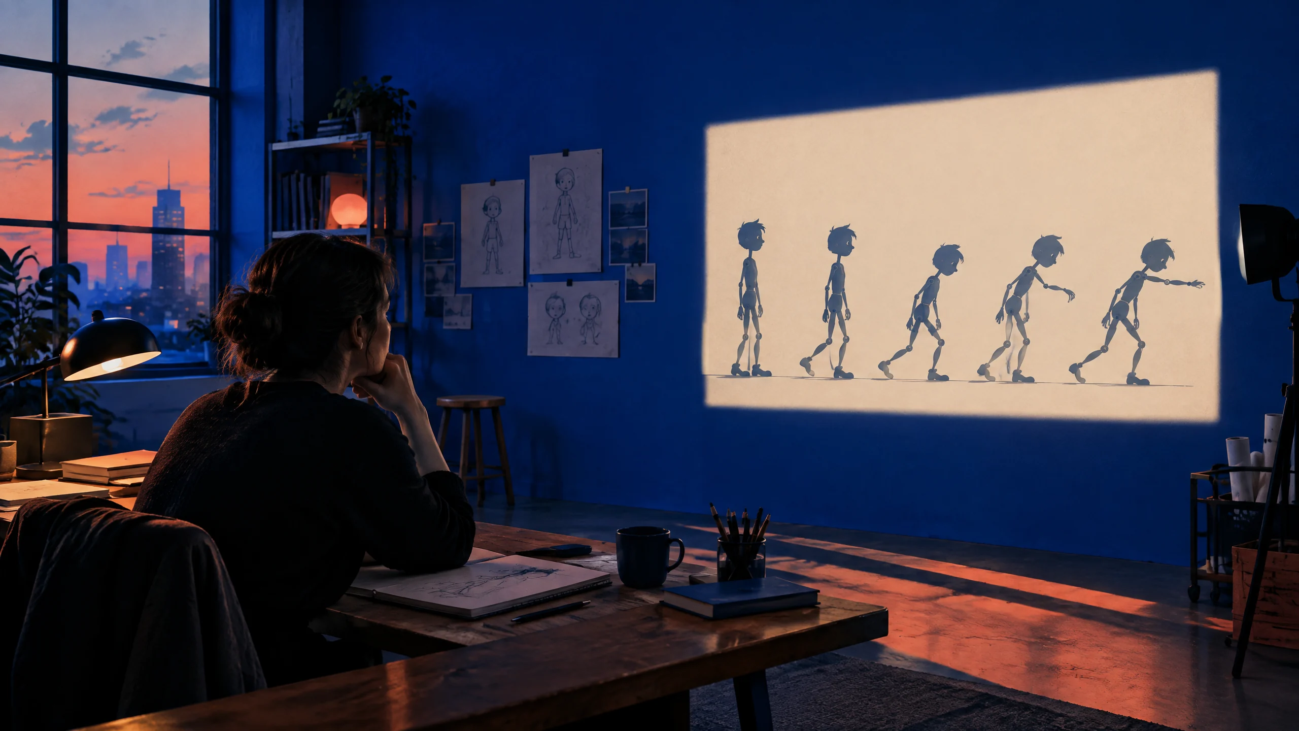 Animator watching character silhouette rehearsal