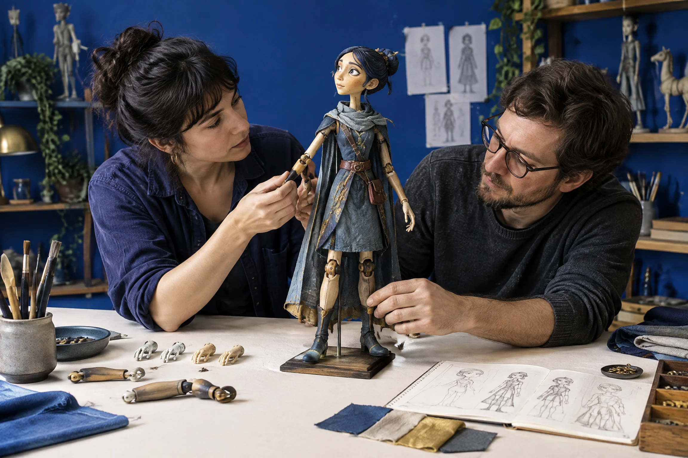 Two animators inspecting an articulated puppet character