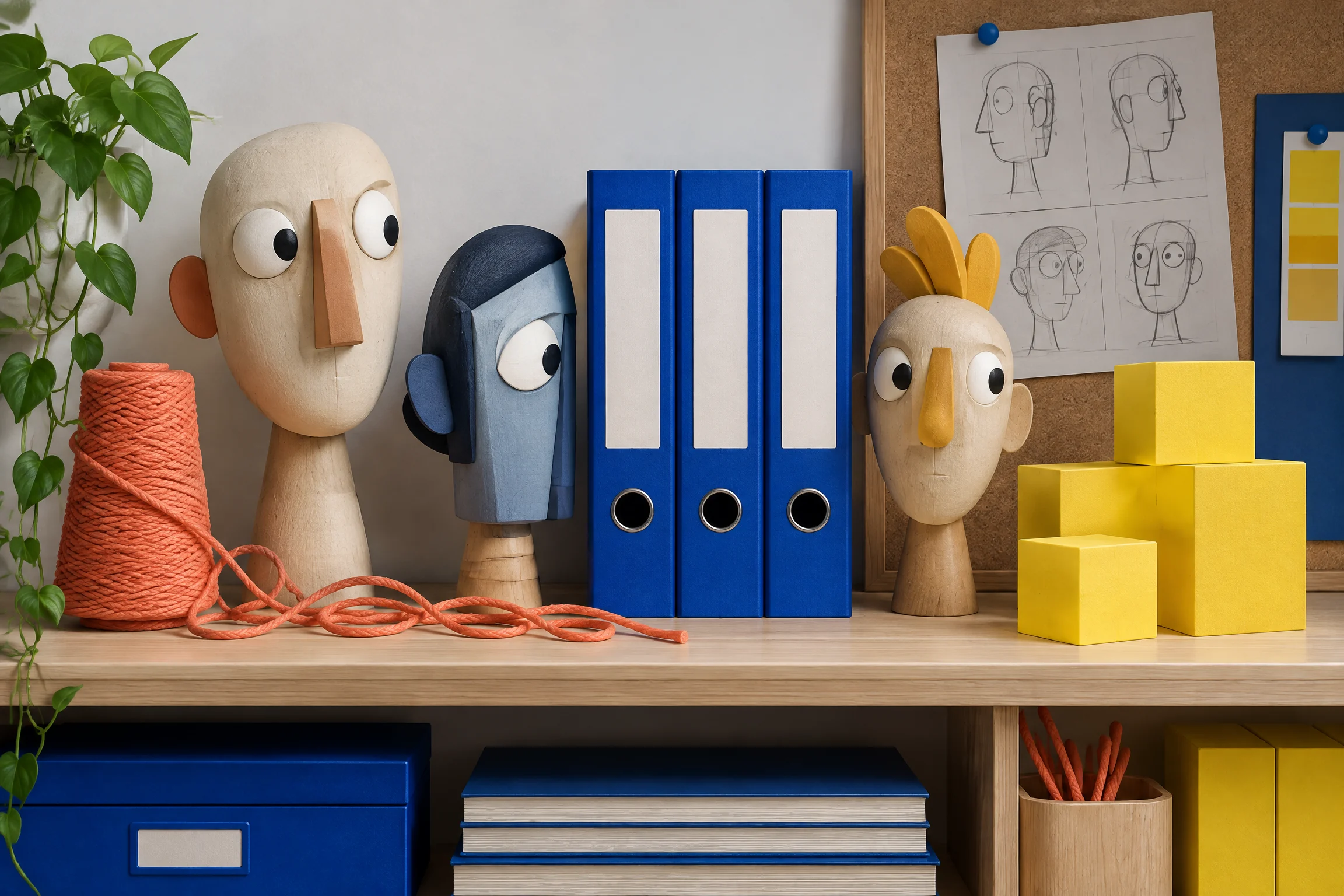 Studio shelf with puppet heads and cobalt folders